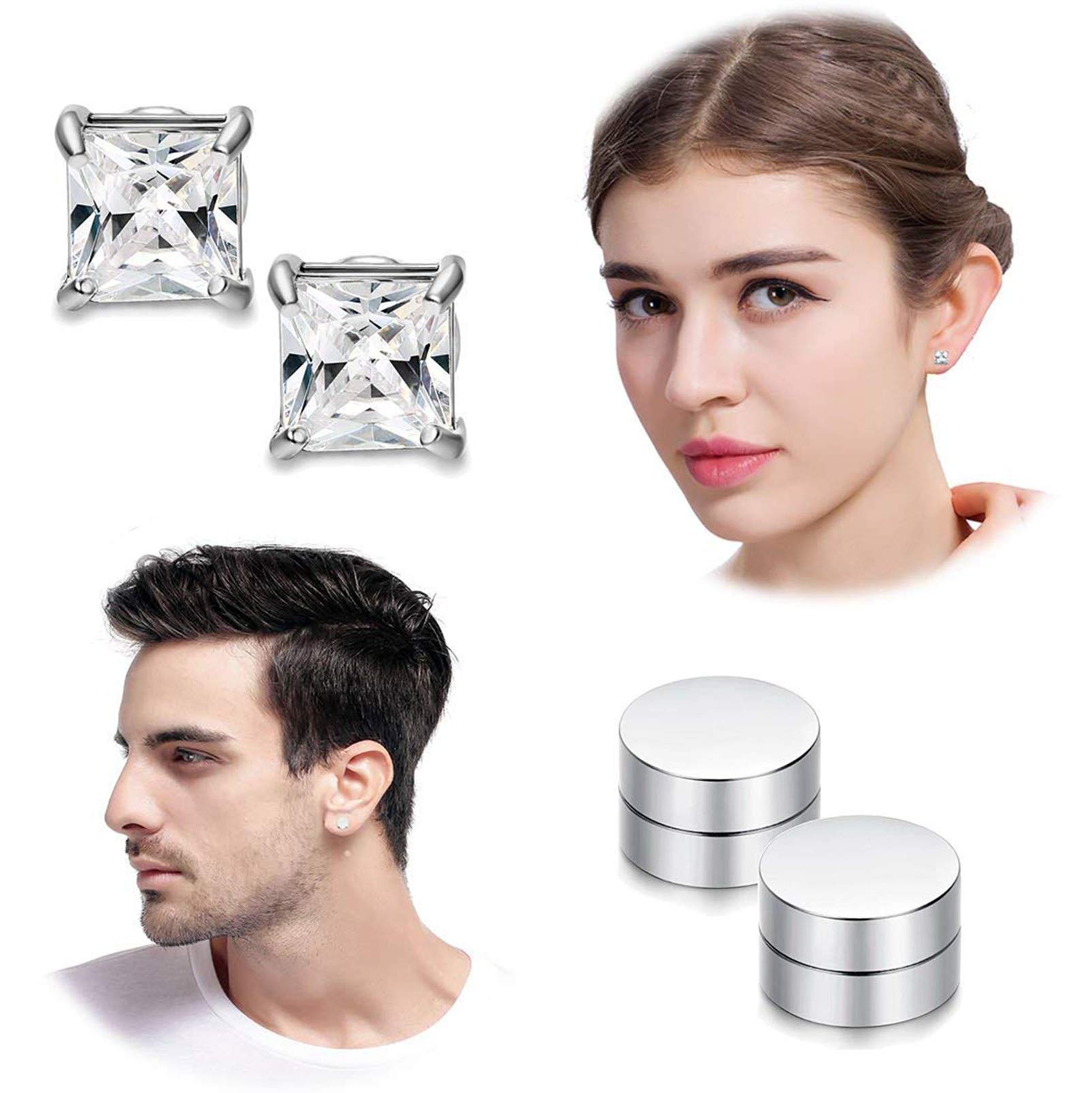 6 pairs magnetic stud earring for men women round square cz magnet non pierced clip on earrings set 6mm 8mm