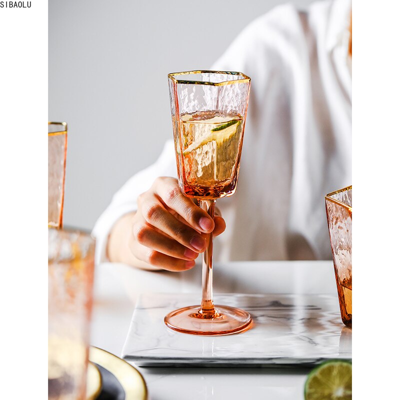 Nordisk højkvalitets sekskantet hammerstribe guldkantet vinglas krystalglas champagnekop husholdnings whiskyglas vandkop
