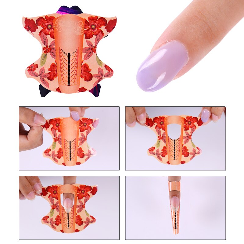 100Pcs Nail Art Form Set Bloem Ovale Vierkante Acryl Uv Gel Polish Tip Uitbreiding Gids Franse Nail Form Sticker