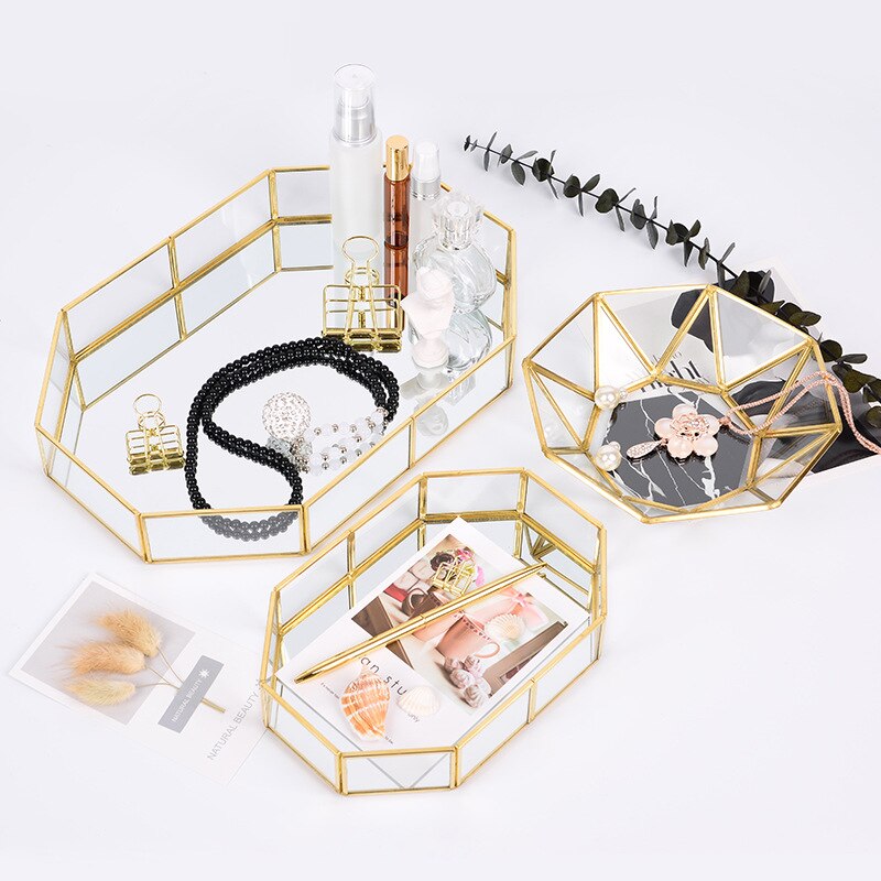 Glass Mirror Tray Storage Baskets Box Home Desktop Organizer Storage Tray Jewelry Necklace Display Tray Dessert Fruit Plate