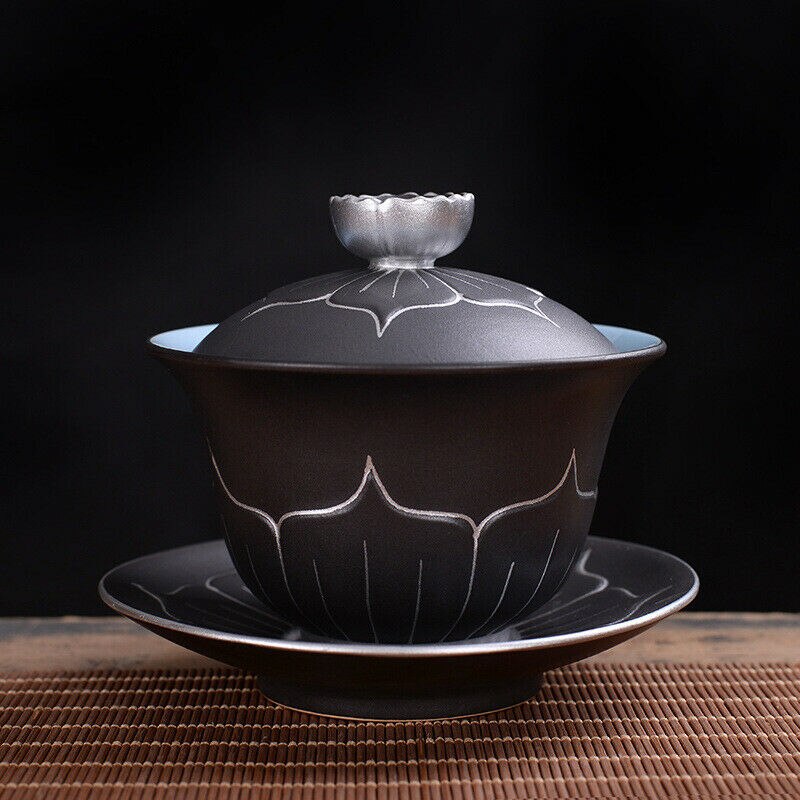 Anti-skoldning porcelæn gaiwan lotus kinesisk kongfu te sæt dækket skål 170ml sort guld farve keramisk te skål: Sort sølv