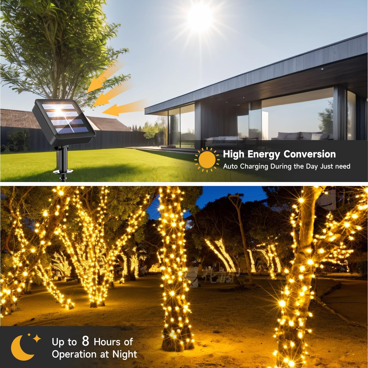 Guirnaldas de luces alimentadas por energía Solar para exteriores, guirnalda de luces LED, luz de hadas alimentada por energía Solar para decoración de jardín, Patio, árbol, boda, de Navidad