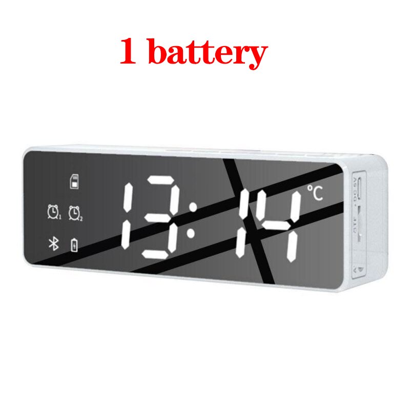 LED Digital Display Mirror Alarm Clock USB Charging Intelligent Induction Wake Up Lamp Night Light Bluetooth Speaker Alarm Clock: white 1 battery