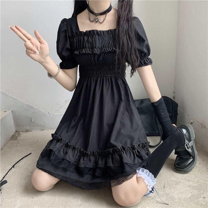 Mujeres japonesas victorianas gótico cuadrado Collar encaje con volantes negro Lolita vestido verano niñas Steampunk Puff manga Mini vestidos