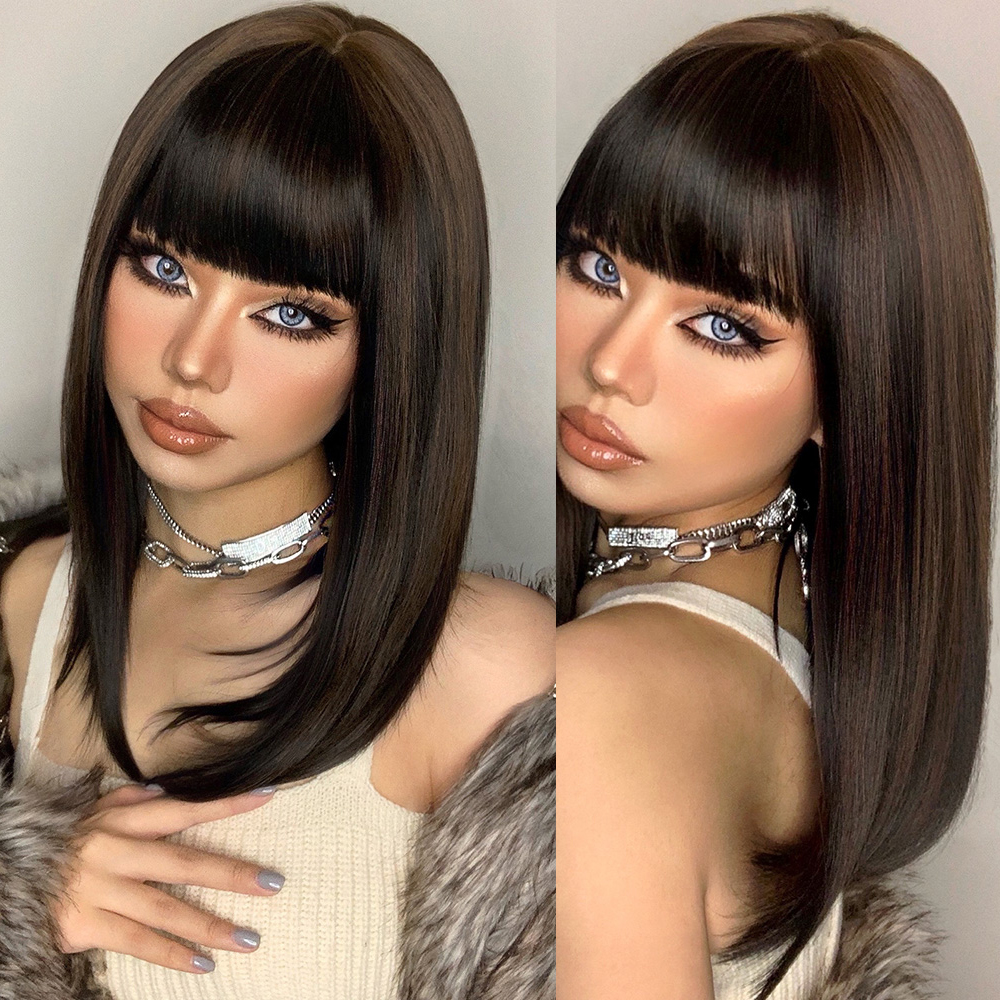 Element 16 Inch Synthetic Wig With Bangs Natural Headline Ombre Brown Color Cosplay Party Replacement Wigs for Women: LC264-1