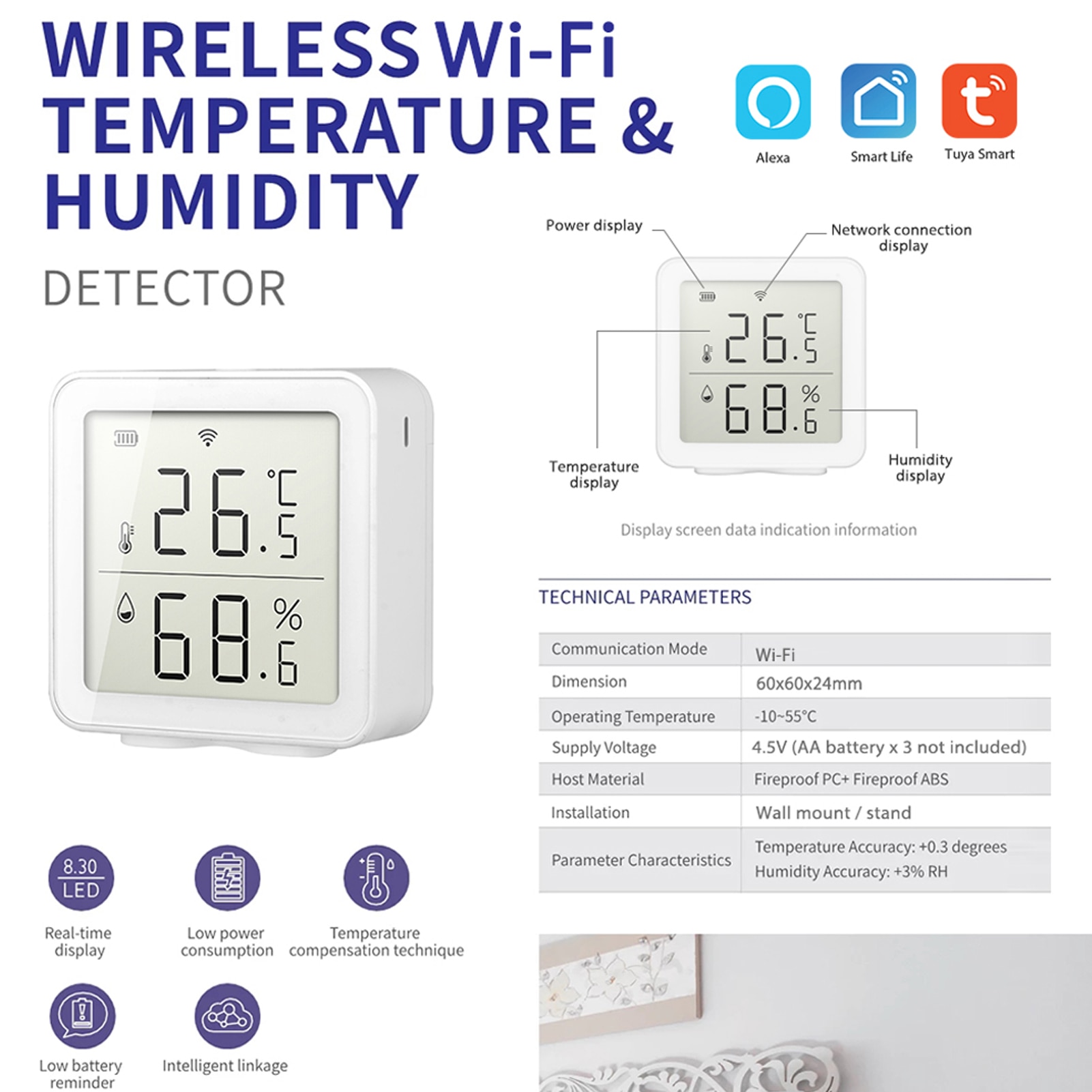 Tuya WIFI Temperature Humidity Sensor Intelligent Home Wireless Home Automation Scene System Compatible with Alexa Google Home