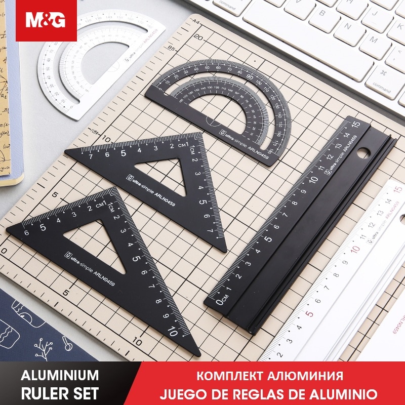 M & g 4 stk/sett linjalsett i aluminium geometri, studenter matematikk metall skrivesaker trekantede linjaler, vinkelmåler, kontorskoleutstyr