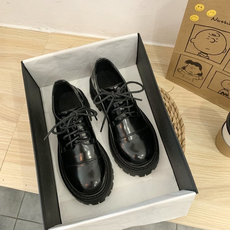 Oxford – chaussures classiques à semelle ronde pour femmes, Brogue noires, plates à lacets, décontractées, à semelle épaisse en Pu, printemps