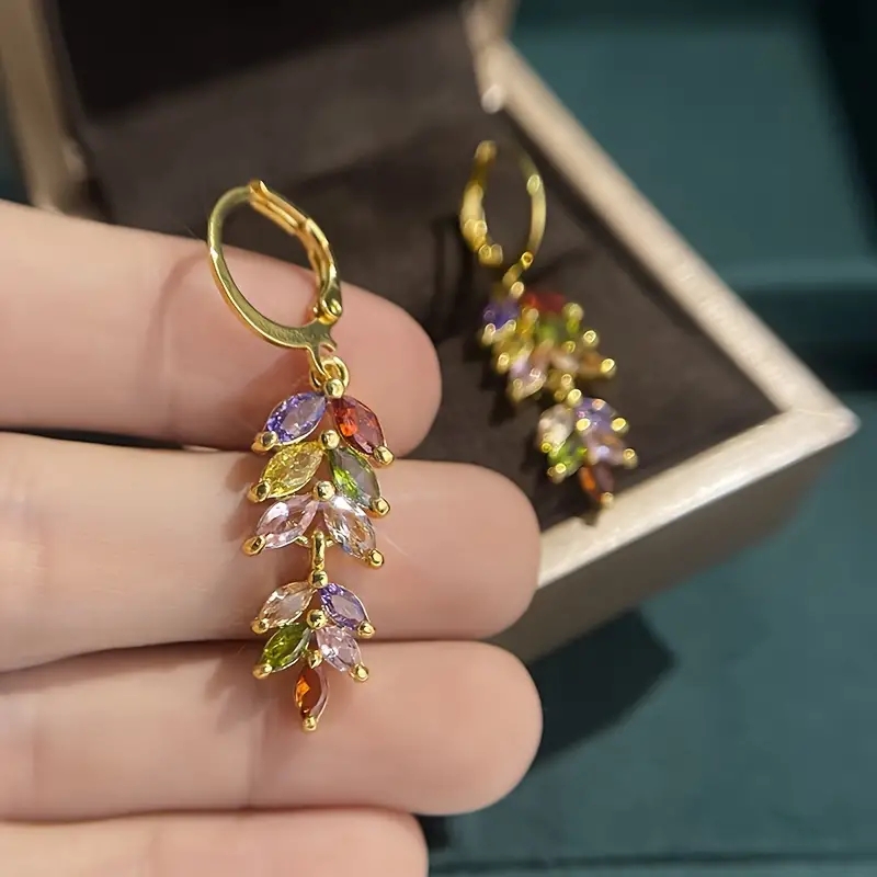 Oorbellen met lange bladhanger voor elegante damesoorbellen, gekleurde zirkoonoorbellen, prachtige sieradengeschenken