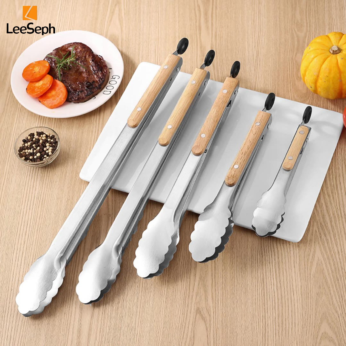 Pince de cuisson en acier inoxydable avec poignée en chêne, pince à salade avec anneau de verrouillage, gadget de cuisine pour barbecue à salade
