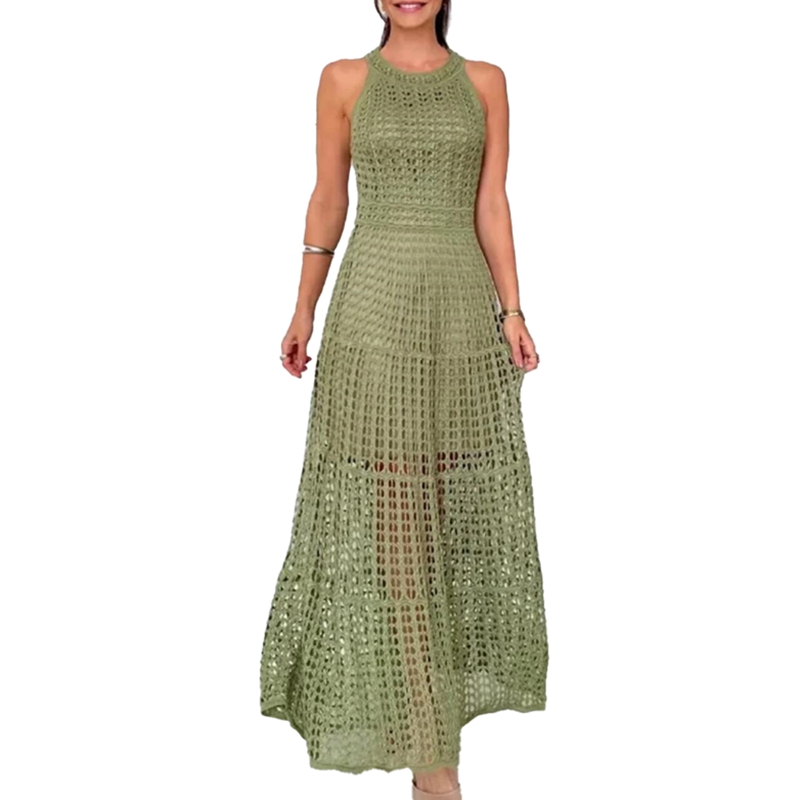 Abito da spiaggia lungo senza maniche da donna, bikini in maglia scavata, copricostume all'uncinetto, abito estivo con fasciatura femminile: XL / Army Green