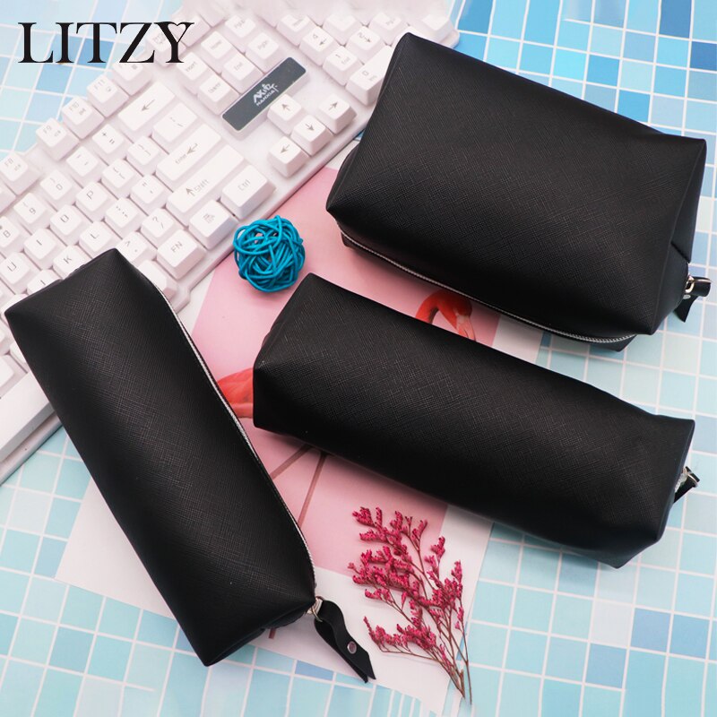 Estojo escolar de couro preto para meninas, estojo grande de lápis, material escolar, bolsa de armazenamento de papelaria, caixa de canetas