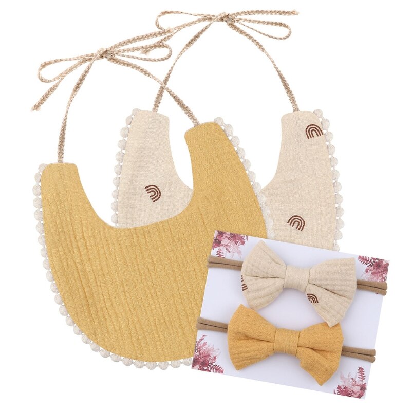 Peuter Lunch Feeding Bib Burp Doek Ademend Speeksel Handdoek Doek Met 2 Boog Haarband Voor Baby Meisjes 87HD