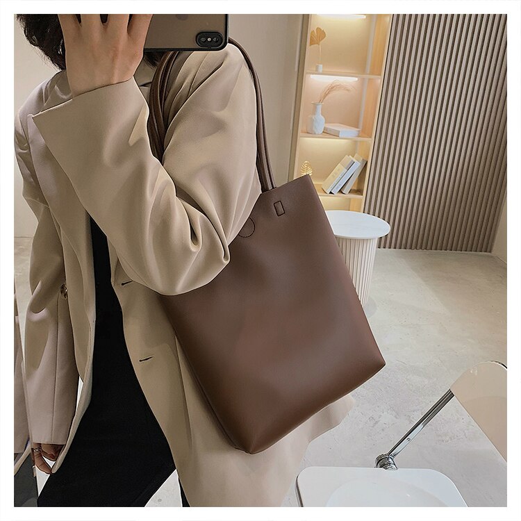 Casual Women Shoulder Bag PU Leather Tote Handbag Winter Shopping Bags Soft Leather Lady Purse Bags High Capacity Totes: Coffee Style 2