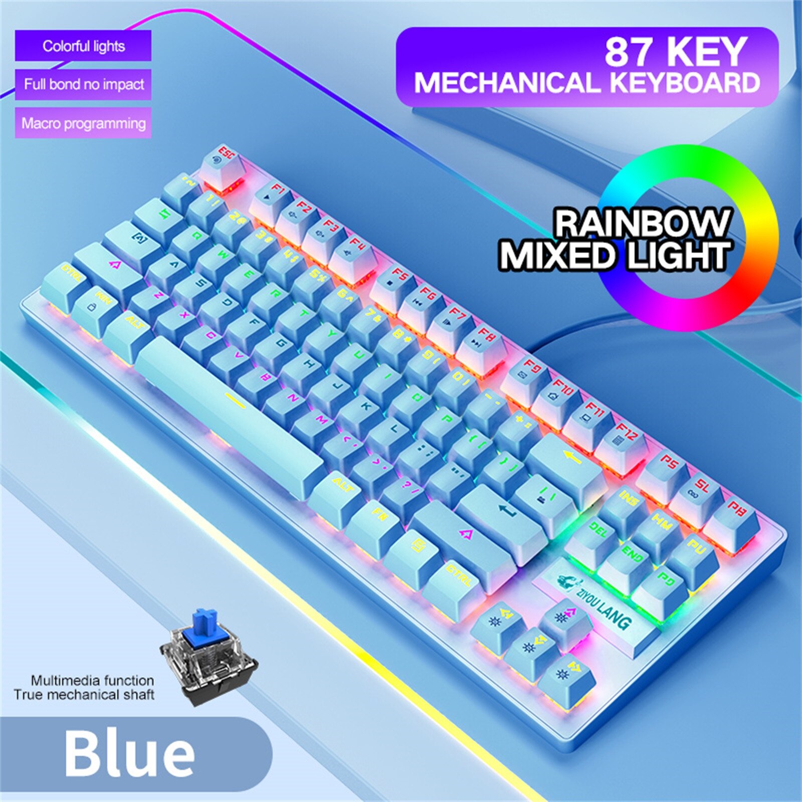 K2 Mechanical Keyboard 87 Keys Layout LED Rainbow Backlit Blue Switches Wired Gaming Mechanical Keyboard For Desktop