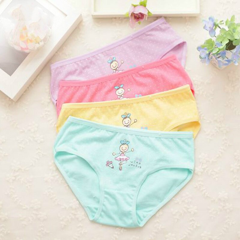 4 Pcs/lot Kids Cotton Briefs Girls Panties Cartoon Pattern Underpants Candy Colors Triangle Girls Underwear 2-10 Years