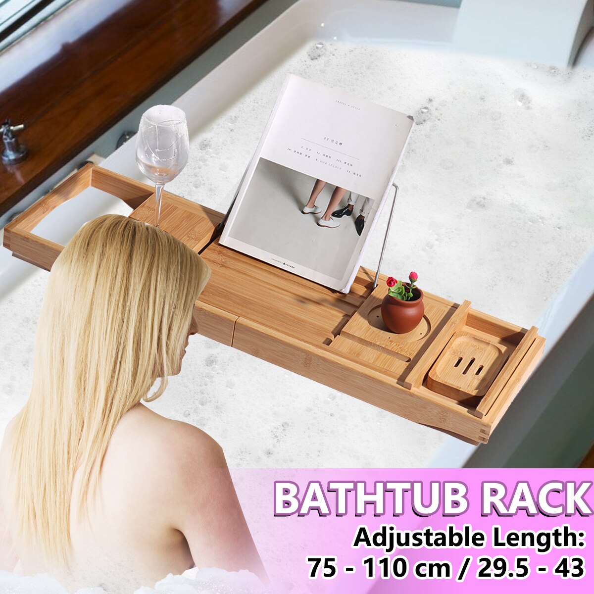 Udvidelig bambus badekar bakke luksus badekar caddie bakke med læserestativ til en eller to personer badekar og sengebakke sæbeholder