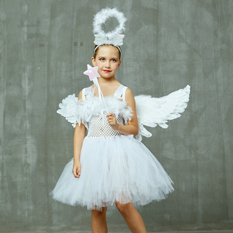 Wächter Engel Kinder Halloween Kostüm Weiß Feder Engel Mädchen Tutu Kleid mit Flügel & Halo Weihnachten Krippe Gabriel Kleidung