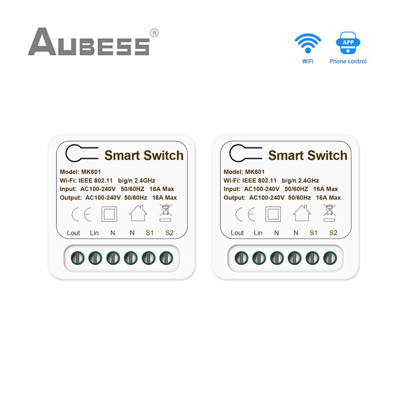 Tuya WiFi MINI Smart Switch 2 Way Control 16A Switch Smart Home Works With Smart Life App Voice Control Alexa Google Home Alice: 2Pcs