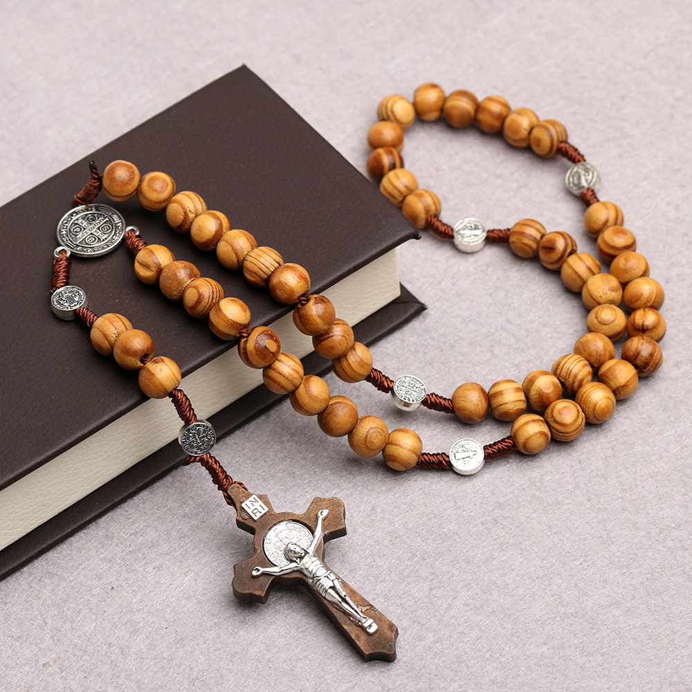 10MM Holz Perlen Rosenkranz Kreuz Halskette Für Frauen Männer Christian Jungfrau Maria INRI Anhänger Kette Religion Schmuck