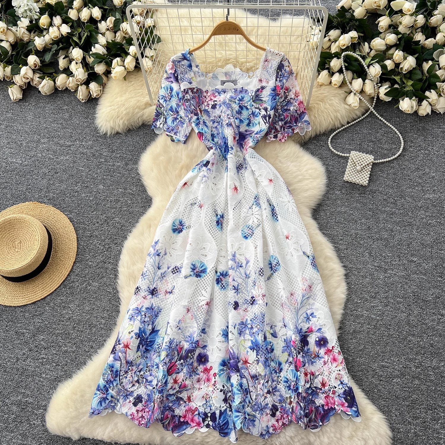 Blomsterbroderi udhulet blonde aftenkjoler kvinder sommer korte ærmer prinsesse retro midi lang festkjole gradient: M / Koralrød