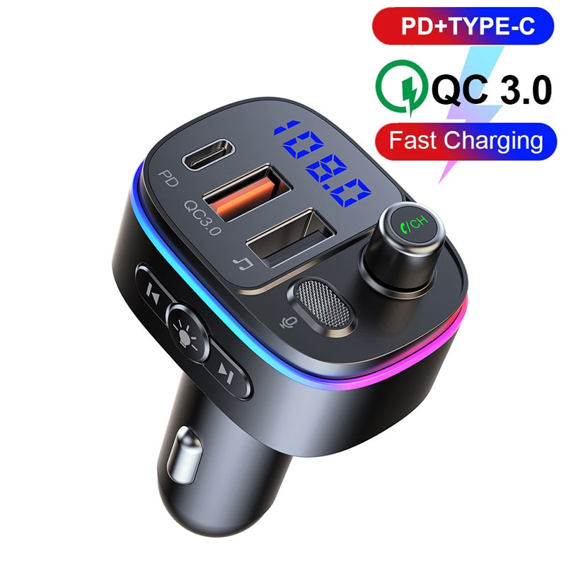Transmisor FM con Bluetooth para coche, reproductor Mp3 manos libres, tipo PD C QC3.0, carga rápida USB, accesorios de luz coloridos, actualización de 5,0