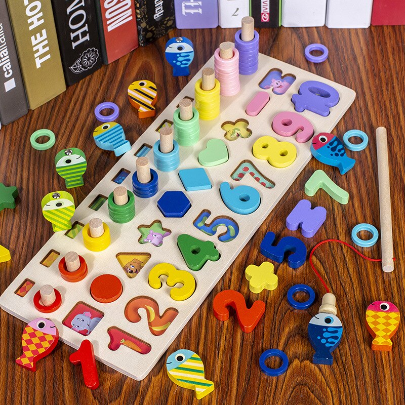 Montessori Educational Wooden Toys Children Busy Board Math Fishing Children's Wooden Preschool Montessori Toy Counting Geometry: 5 in 1