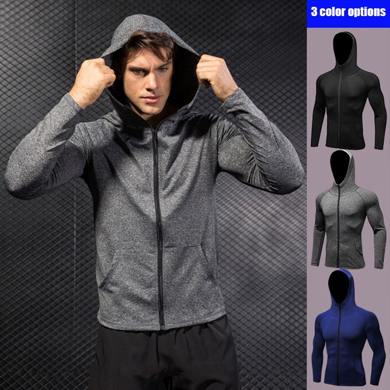 Men Sports Training Hooded Coat Quick Dry Long Sleeve Workout Athletic Hoodie Jackets Mens Running Jackets Fitness Sports Coat