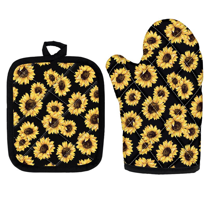 Golden Sunflowers Oven Mitts and Pot Holders Insulated Gloves for Cooking BBQ Baking Grilling Floral Style Kitchen Accessories: L5268D19