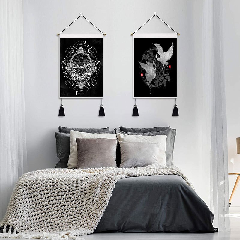 Tapiz de fase manual de lona negra, decoración del hogar, macramé, dormitorio, arte, mariposa, colgante de pared, tapices de borlas, fondo artístico de tela