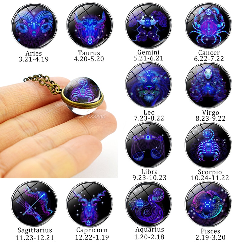 Regalo di compleanno 12 Costellazione Zodiacale Collana Doppio Lato della Sfera di Vetro Del Pendente Della Collana per Le Donne Astrologia Gioielli