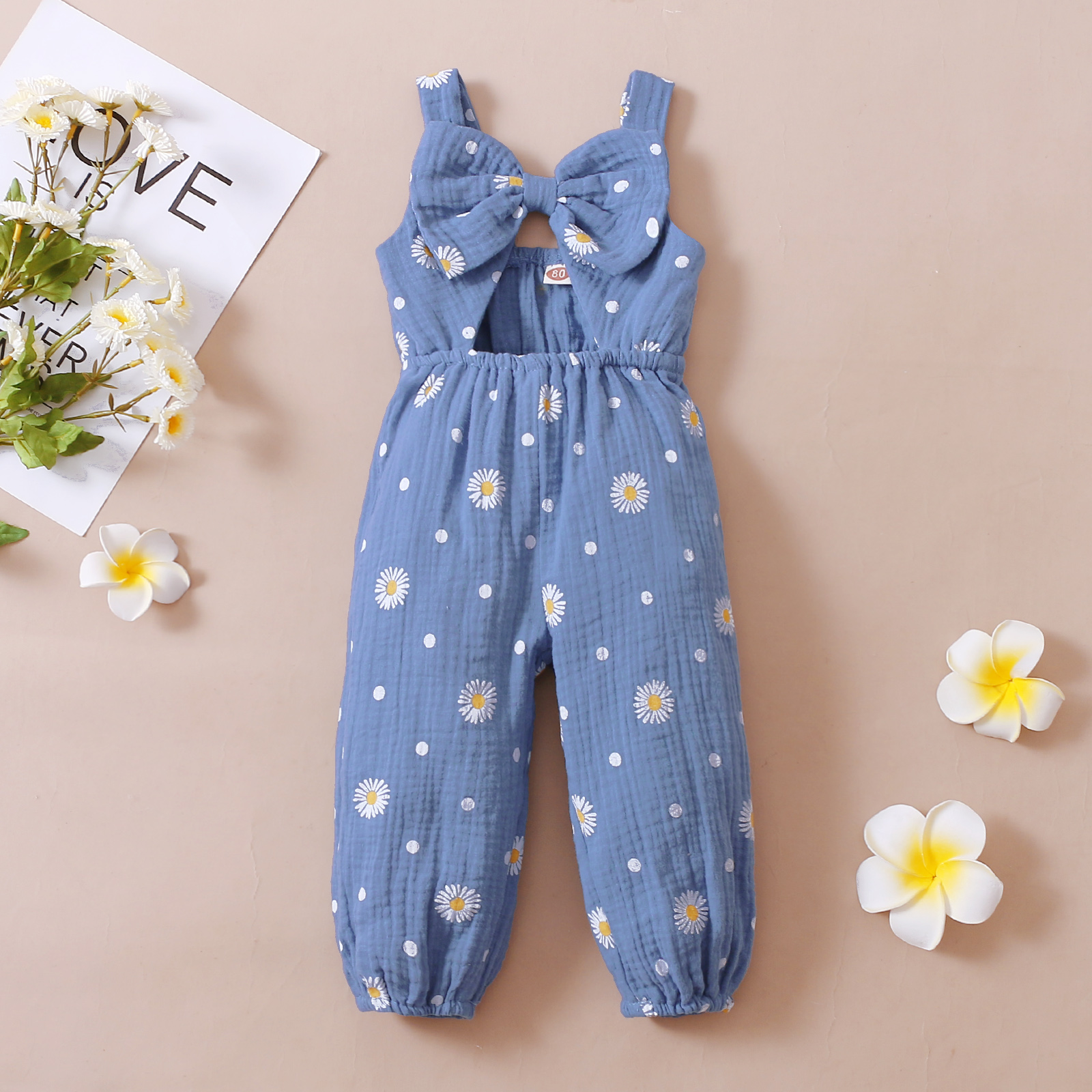 Peuter Baby Meisje Mouwloze Romper Daisy Print Hollow Out Bow-Knoop Decor Lange Bodysuit Casual Zomer Jumpsuit Playsuit