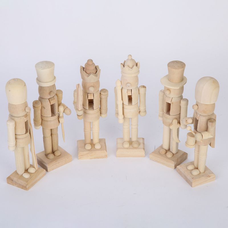 6 stk træ nøddeknækker dukke dekoration diy blank maling legetøj træ umalet dukke til børn diy soldat figurer bord ornamenter