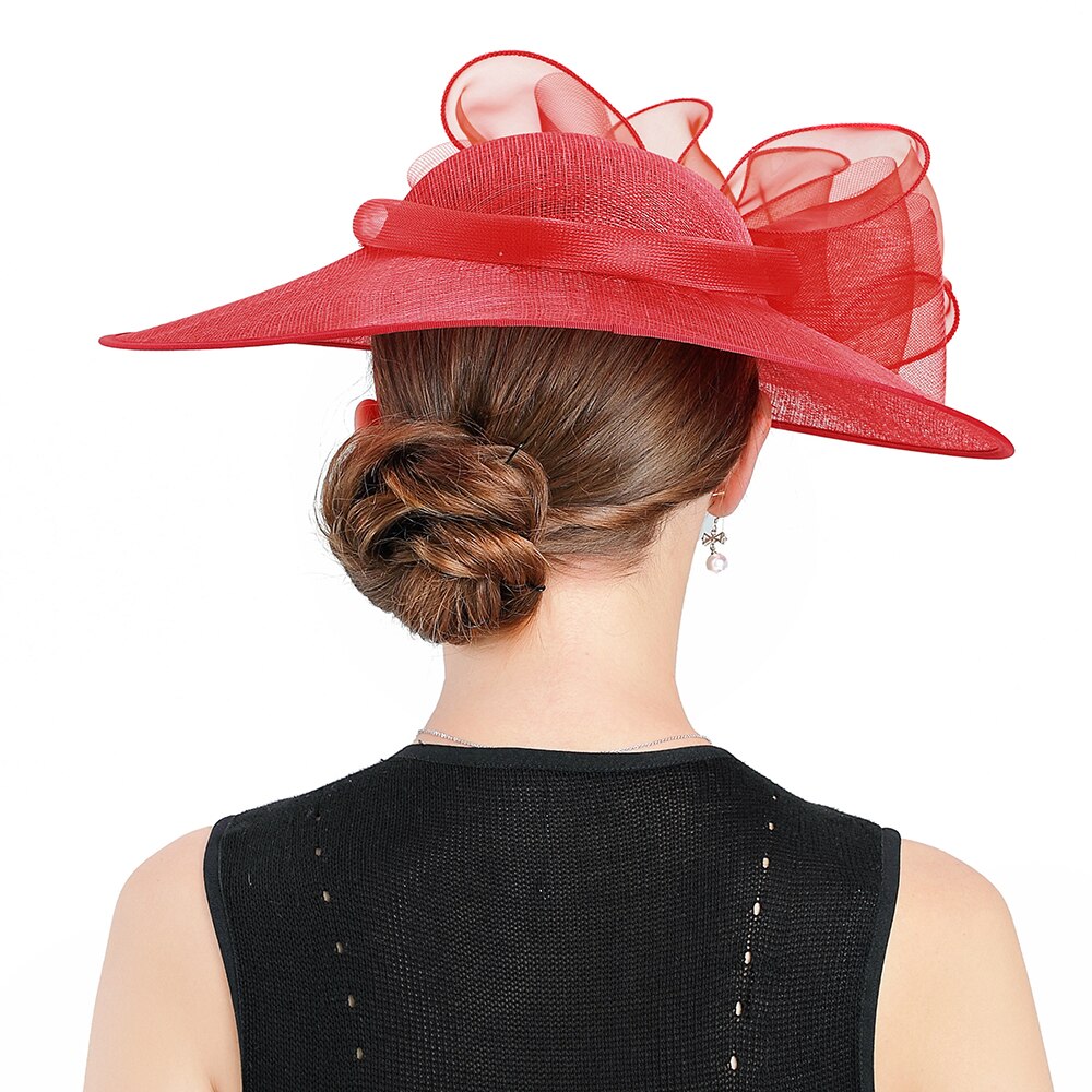 Bredskygget hat kvinder fedoras linned rød bund hatte fascinator sommer kasket blomsterdekoration udendørs dame hatte