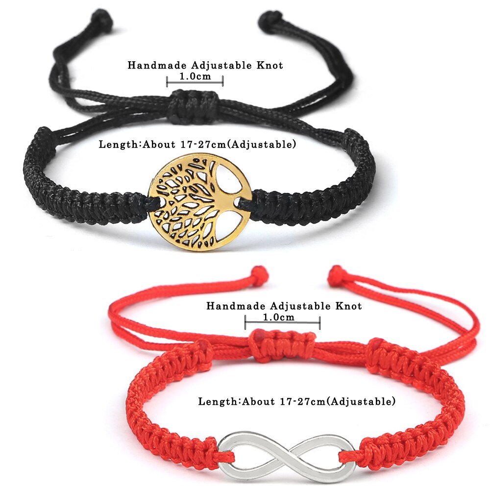 2 pçs/set vermelho preto vida árvore fio pulseira masculino tecido trançado ajustável tibetano budista pulseira feminino amante jóias presente