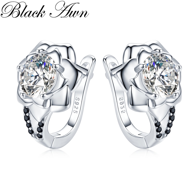 Black Awn Silver Color Round Black Trendy Spinel Engagement Flower Hoop Earrings for Women Jewelry Bijoux I152
