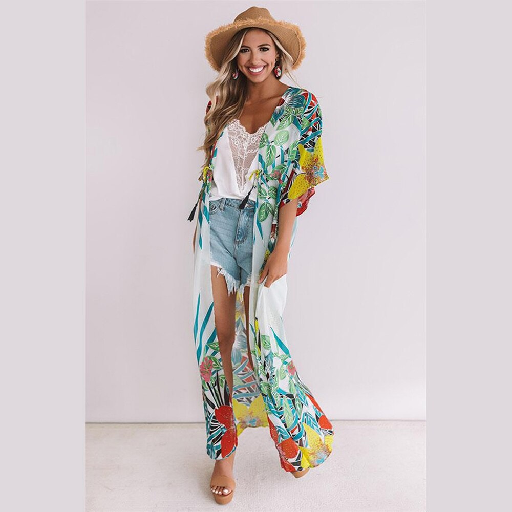 Túnica de playa para mujer, vestido bohemio con estampado Floral, vestido envolvente de playa para mujer, ropa de playa de algodón con abertura en la parte delantera, Pareo Sarong Plage