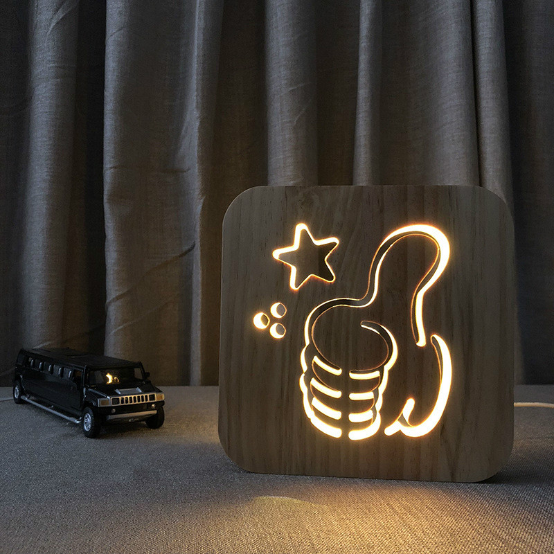 Led Creatieve Usb Nachtlampje Houten Hond Poot Kat Wolf Head Animal Lamp Novelty Kids Slaapkamer 3D Decoratie Tafellamp kinderen Gif