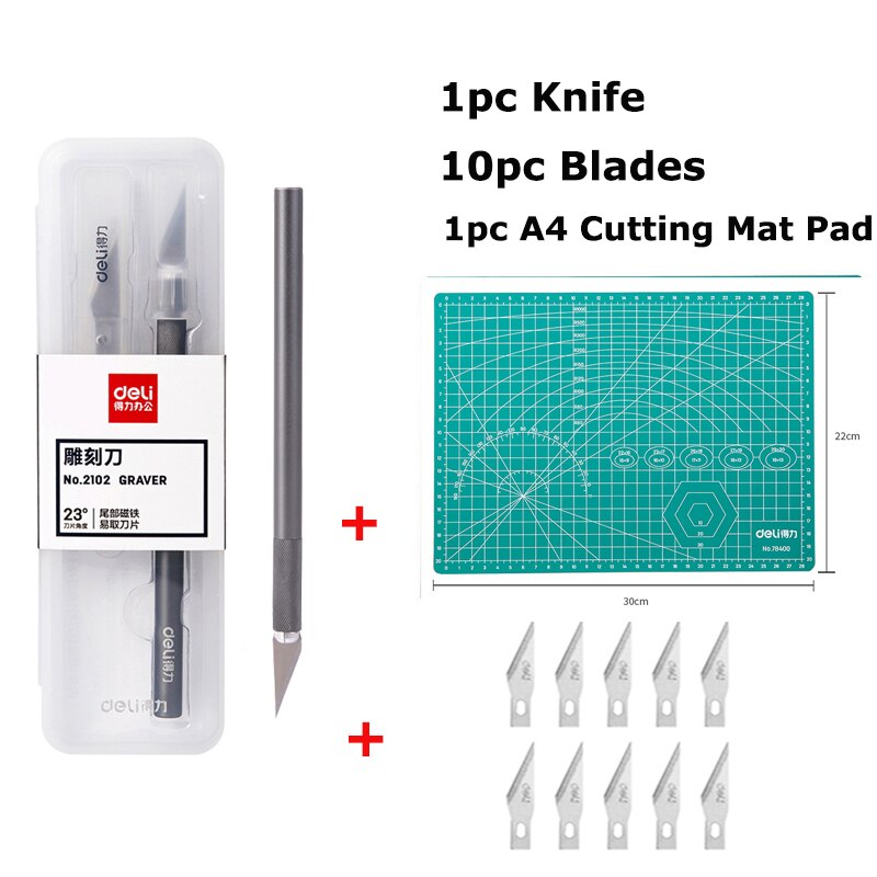 Deli Magnetic Metal Utility Knife Art Carving Knives нож with Blades Ruler Cutting Mat Pad Unboxing Cutter for Office Supplies: 1Knife10Blade1Pad