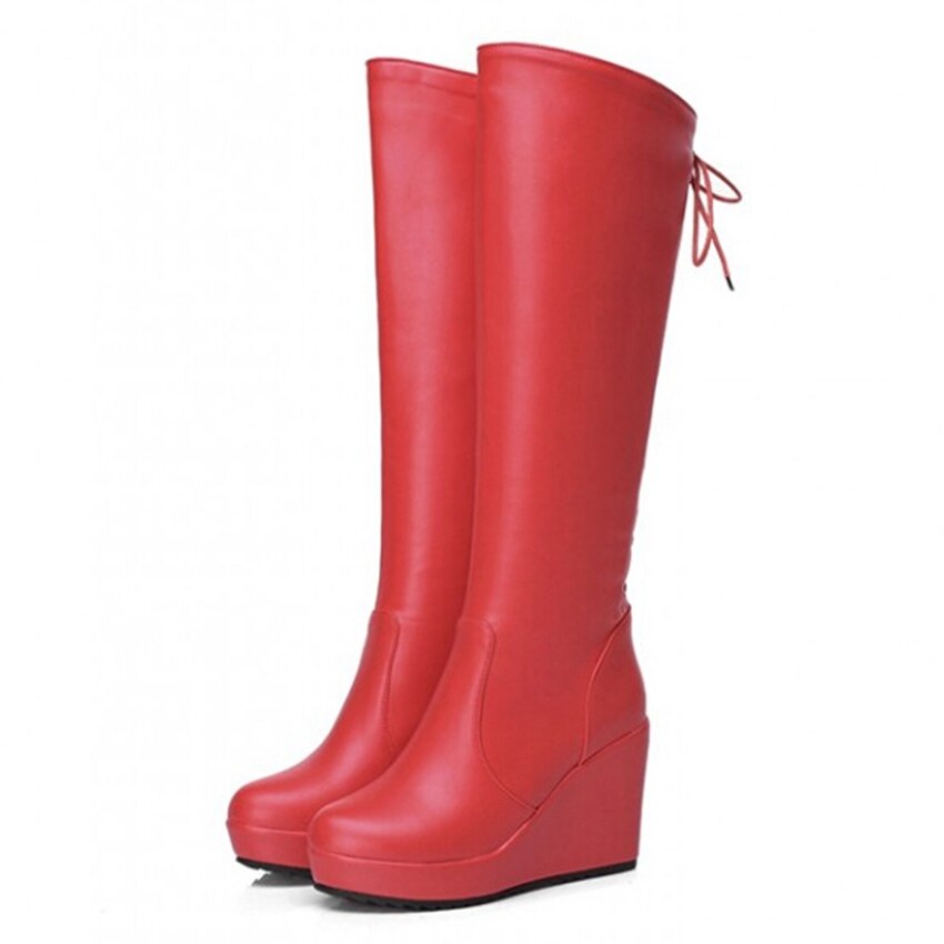 ! Black White Red Leather Lace Up High Heel Platform Knee High Winter Autumn Girl Lady Females Womens Wedge Boots X834