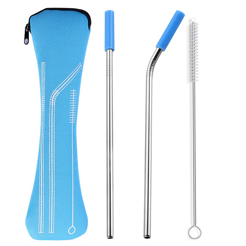 1 set Reusable Stainless Steel Straws Straight Bent Drinking Straws with Silicone Tips Cold Beverage Metal Drinking Straw: light blue 2pcs