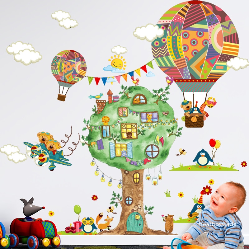2 Pcs Cartoon Dieren Boom Muurstickers Kinderkamer Nursery Air Ballon Muurstickers Milieuvriendelijke Verwijderbare Poster Home Decor
