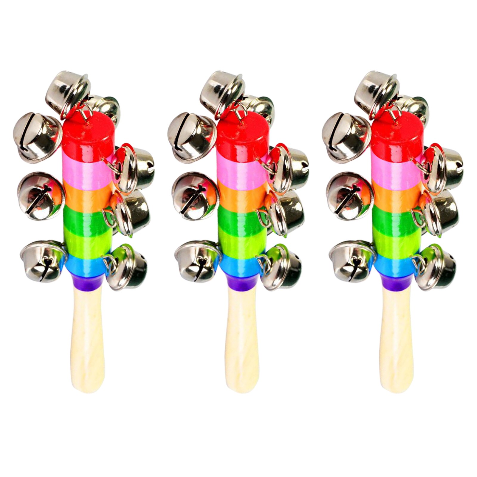 3Pcs Wooden Jingle Hand Bells, Rainbow Hand Held Bells Jingle Stick Shaker