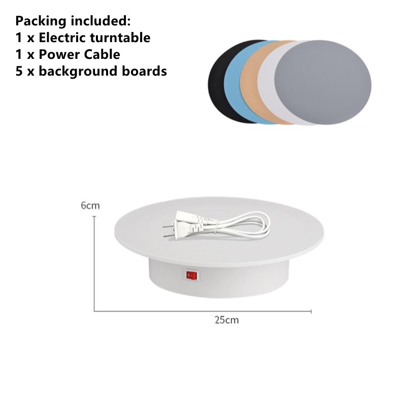 25cm 360 Degree Electric Rotating Photography Rotating Turntable Display Stand for Jewelry Product Display 3D Scan Pan and 5Back: White