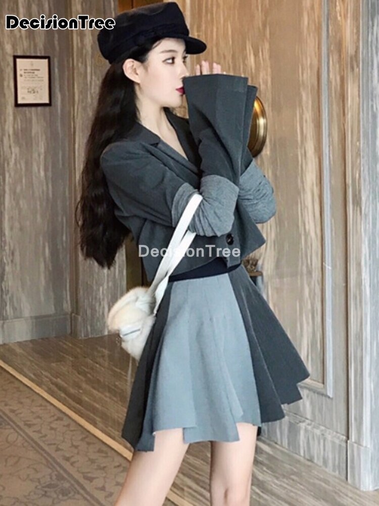 2022 japanese school uniform suit patchwork pleated dress student grey sull sleeve suit coat women jk uniforms set short skirtsl