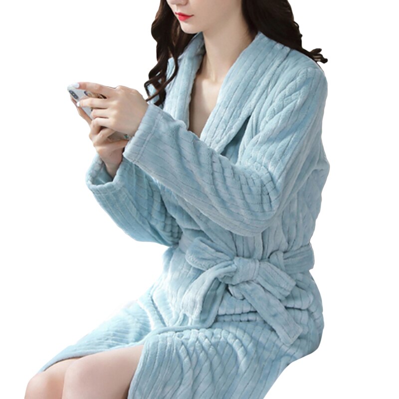 Women Robes Winter Warm Flannel Fleece Nightdress Sleepwear Female Pajamas Home Clothes Dressing Kimono Hotel Bathrobe: lake blue