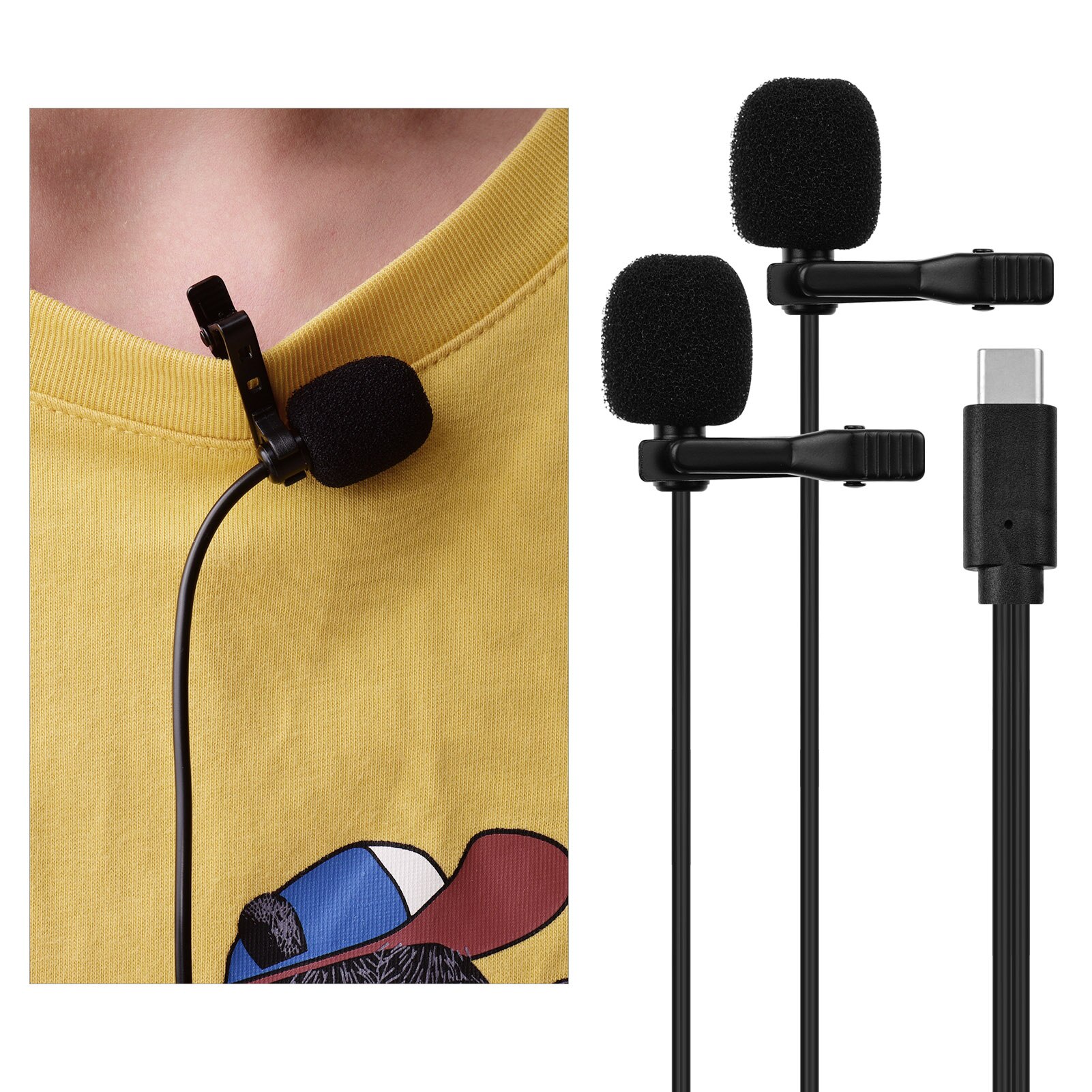 Lavalier Lapel Microphone Clipon Omnidirectional Mic Dual Head with Foam Windsceen Carrying Pouch for Interview Conference Video