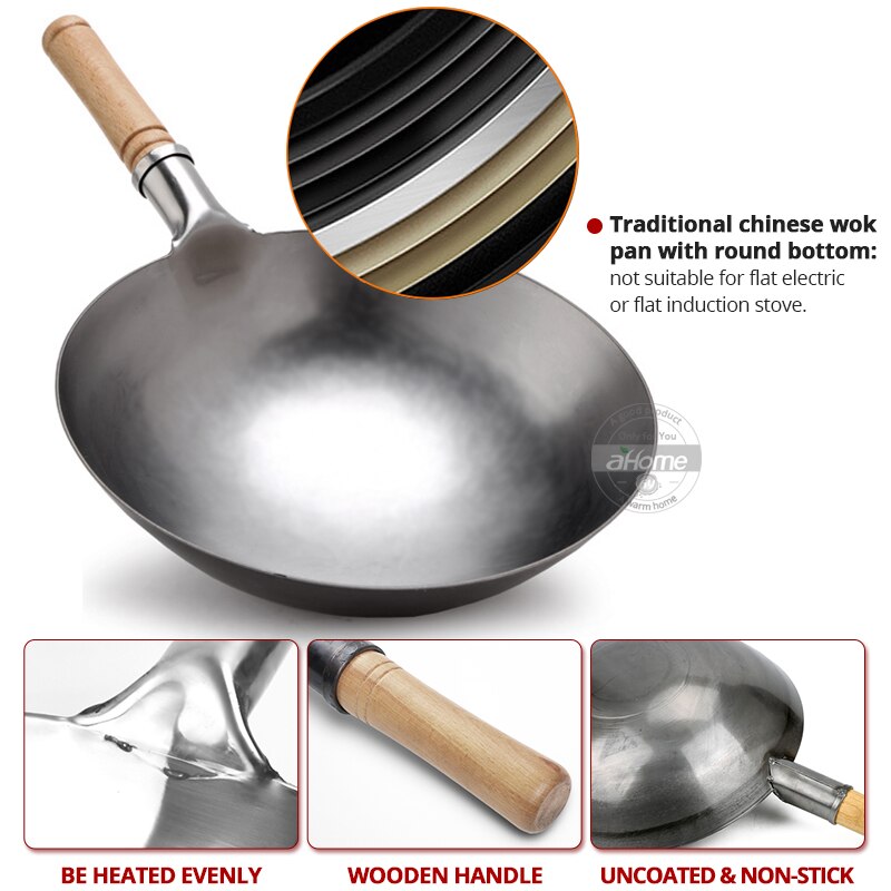Iron Wok Chinese Traditional Handmade Iron Cook Pot Non-stick Pan Non-coating Gas Cooker Cookware Kitchen Pot Cast Iron Pan