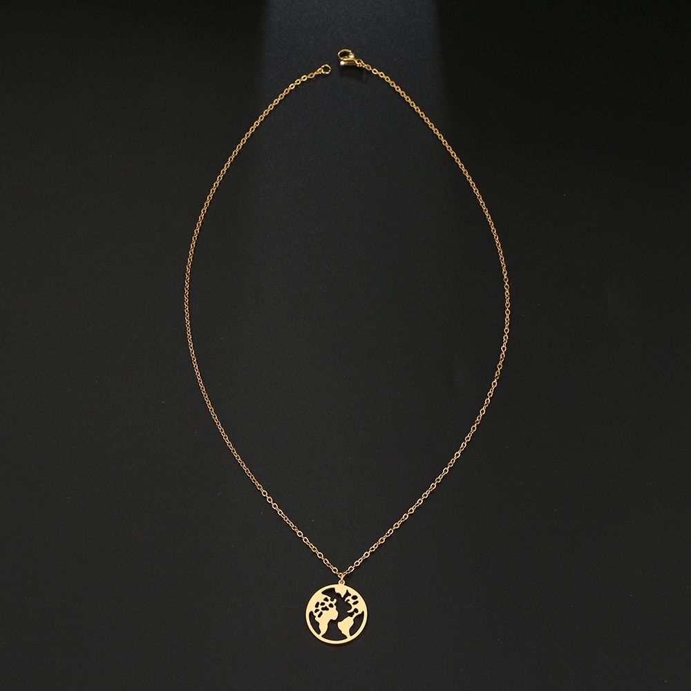 Colar de aço inoxidável com pingente de mapa mundi, boho, jóias para mulheres, presentes de viagem, gargantilha do mundo