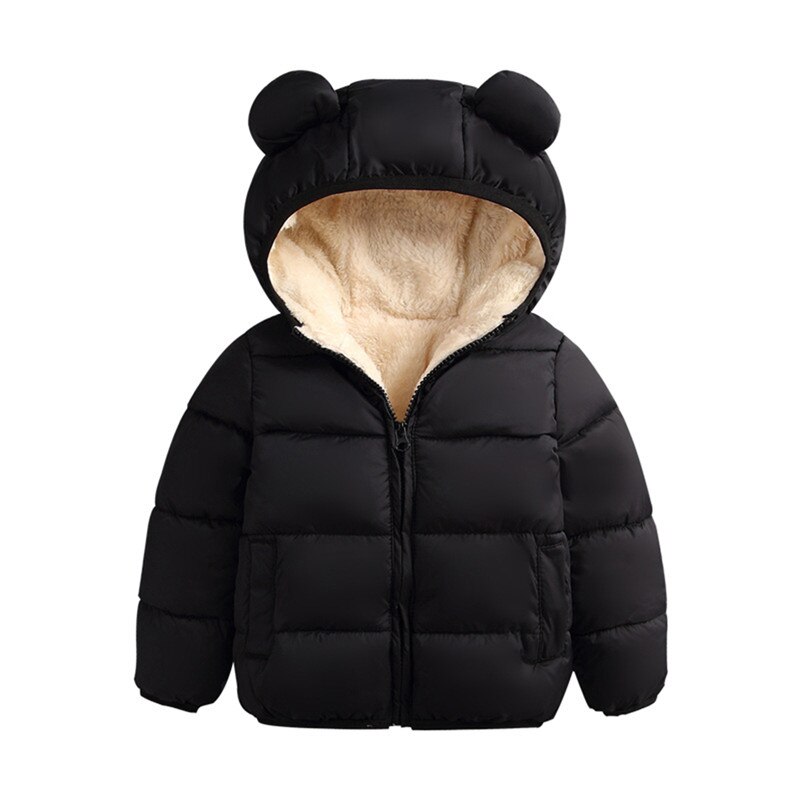 Parkas gruesas y cálidas para bebé de 1 a 5 años, abrigo con cremallera, chaqueta de plumón acolchada de algodón con capucha frontal abierta, Unisex: Negro / 1T